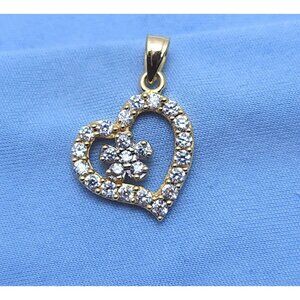 Unique 10K Karat Solid Yellow Gold Open Heart Flower White CZ Charm Pendant